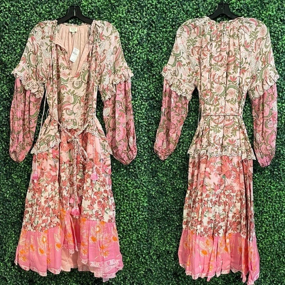 NWT HEMANT & NANDITA Midi Tiered Floral Dress with Braided Belt - Picture 3 of 11